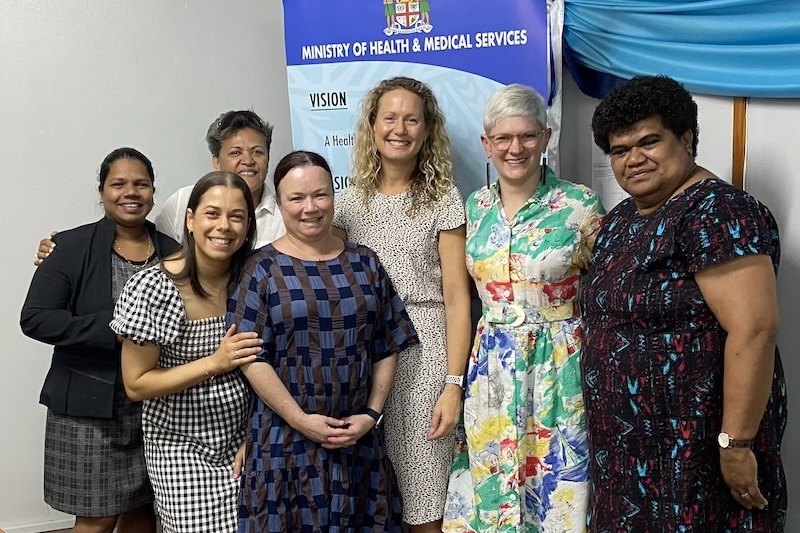 Vaccine Champions Belle Overmars, Professor Margie Danchin, Dr Jessica Kaufman, Kylie Jenkins and Louisa Vodonaivalu with Fiji's Ministry of Health team Dr Rachel Devi and Sr Litiana Volavola.