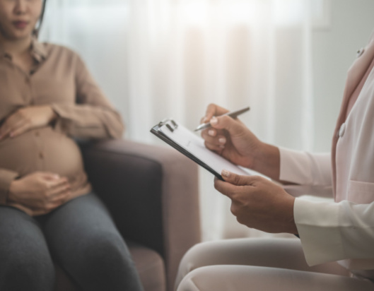 pregnant women on couch talks with doctor